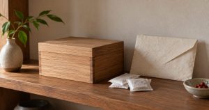 窓から離れた棚に置かれた木箱と乾燥剤の小袋、和紙の封筒（イメージ）