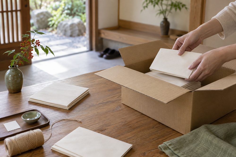 玄関先で段ボール箱に封筒を丁寧に詰める手元(イメージ)