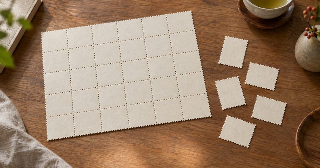 無地のミシン目つき紙片が大きなシート状につながったものと、切り離されたばら数枚を並べて比べた俯瞰（イメージ）