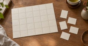 無地のミシン目つき紙片が大きなシート状につながったものと、切り離されたばら数枚を並べて比べた俯瞰（イメージ）