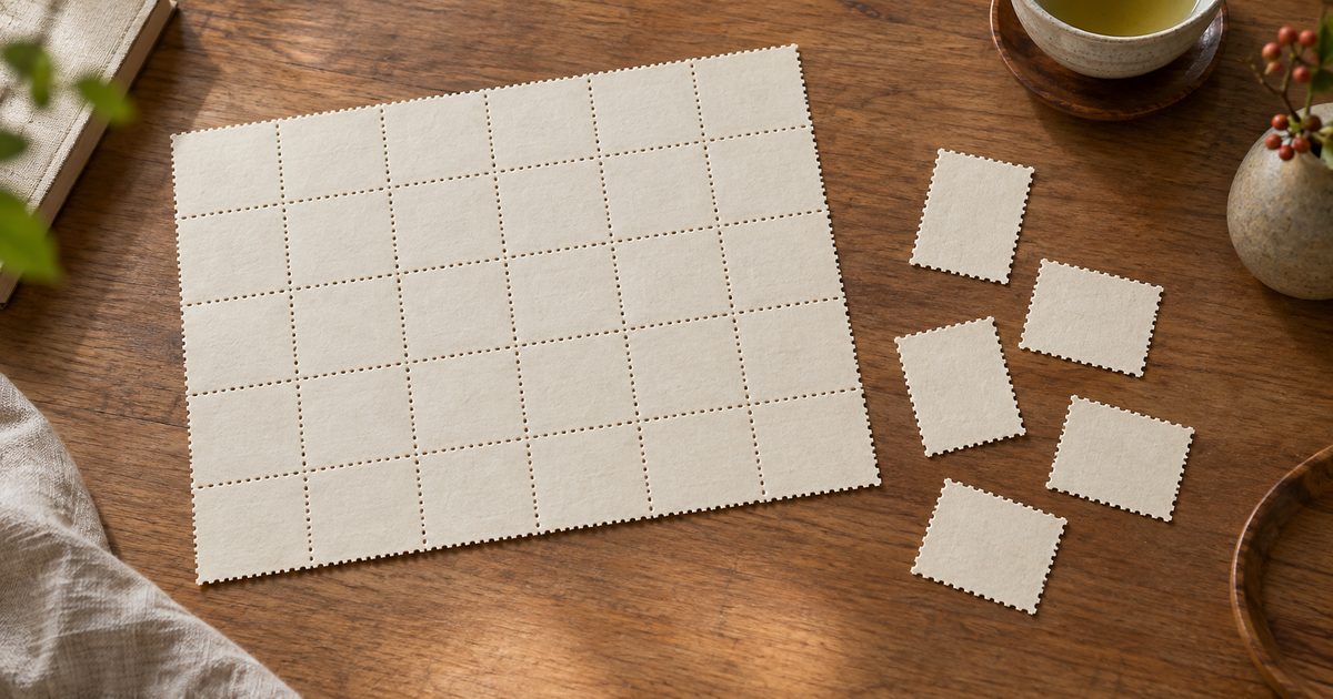無地のミシン目つき紙片が大きなシート状につながったものと、切り離されたばら数枚を並べて比べた俯瞰(イメージ)